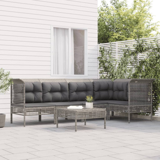 6-tlg. Garten-Lounge-Set mit Kissen Grau Poly Rattan