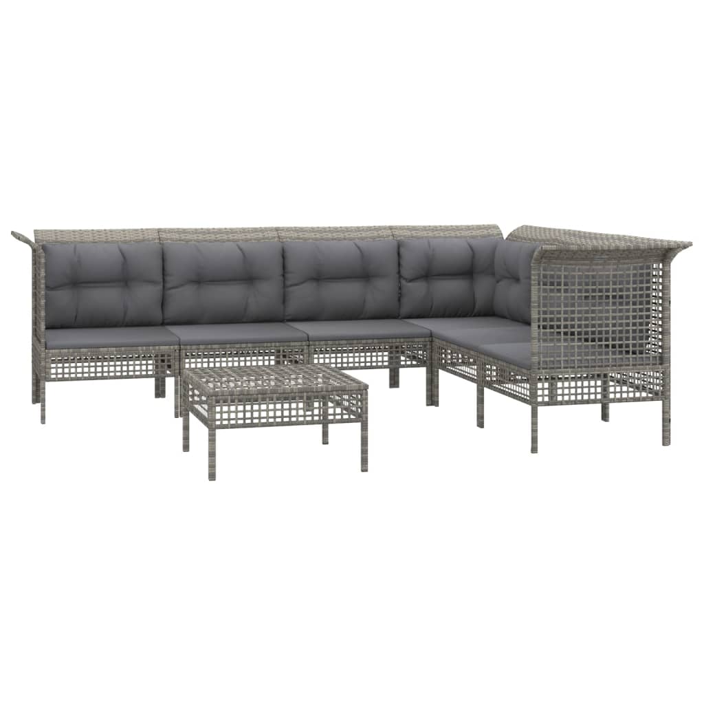 7-tlg. Garten-Lounge-Set mit Kissen Grau Poly Rattan