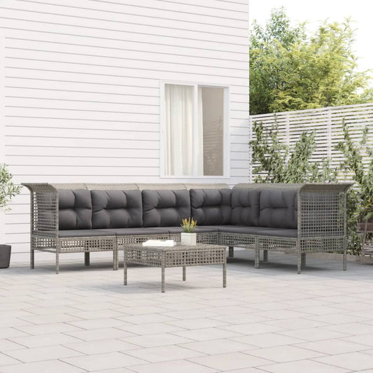 7-tlg. Garten-Lounge-Set mit Kissen Grau Poly Rattan