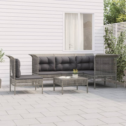 6-tlg. Garten-Lounge-Set mit Kissen Grau Poly Rattan