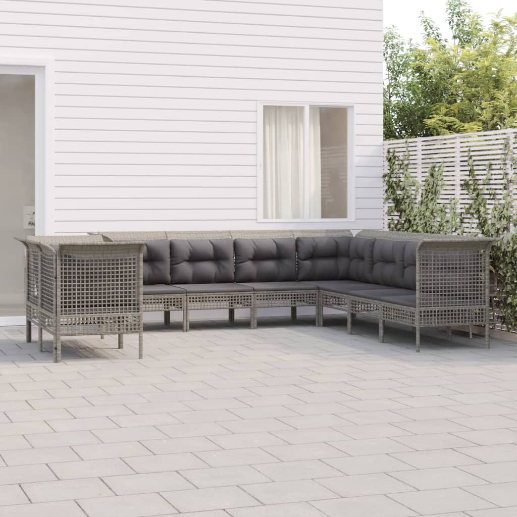 9-tlg. Garten-Lounge-Set mit Kissen Grau Poly Rattan