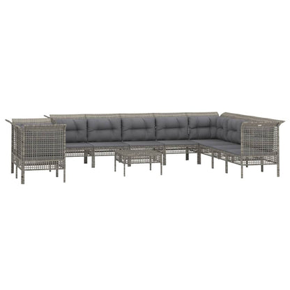 11-tlg. Garten-Lounge-Set mit Kissen Grau Poly Rattan