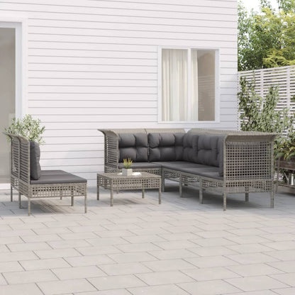 8-tlg. Garten-Lounge-Set mit Kissen Grau Poly Rattan