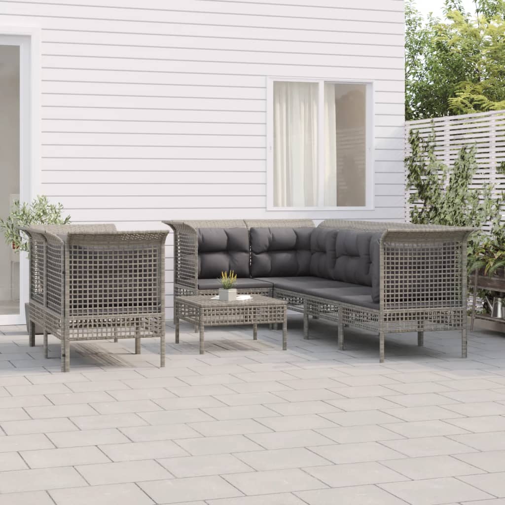 8-tlg. Garten-Lounge-Set mit Kissen Grau Poly Rattan