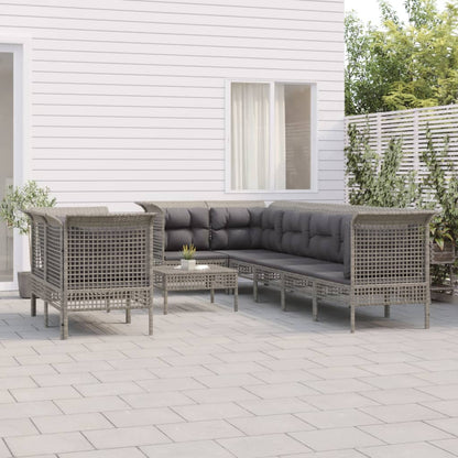 9-tlg. Garten-Lounge-Set mit Kissen Grau Poly Rattan