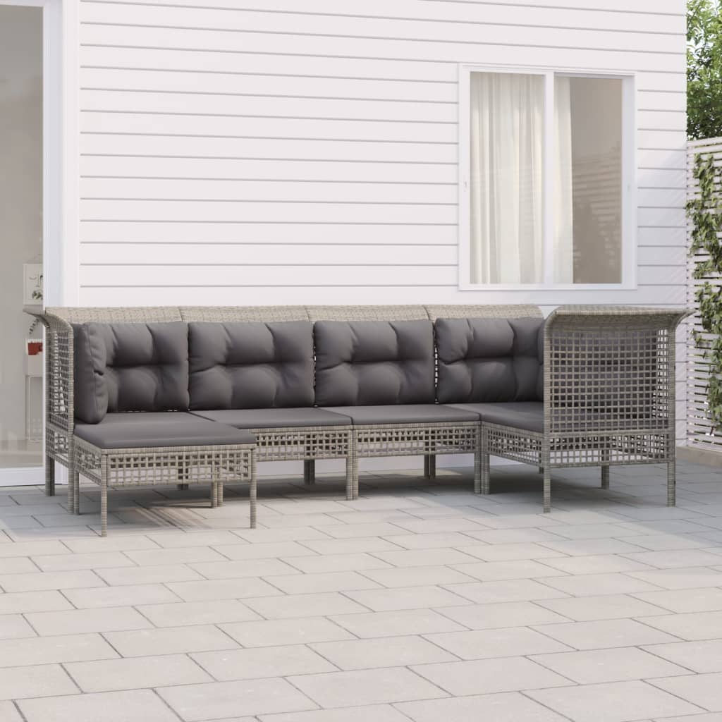 6-tlg. Garten-Lounge-Set mit Kissen Grau Poly Rattan