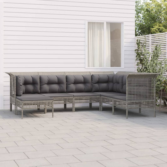 7-tlg. Garten-Lounge-Set mit Kissen Grau Poly Rattan