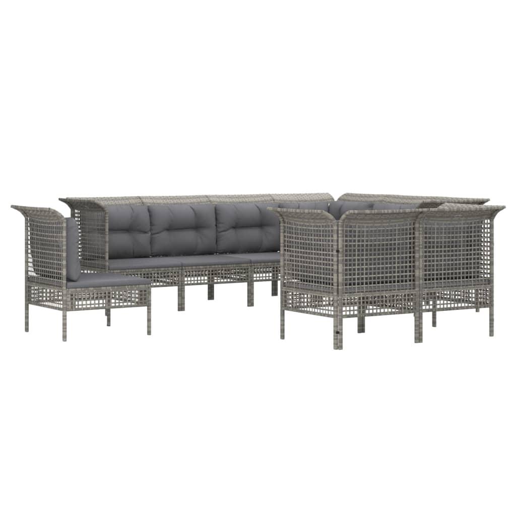 9-tlg. Garten-Lounge-Set mit Kissen Grau Poly Rattan