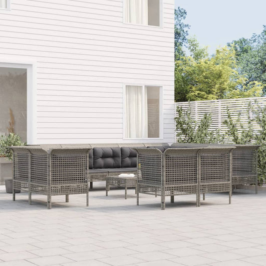 13-tlg. Garten-Lounge-Set mit Kissen Grau Poly Rattan