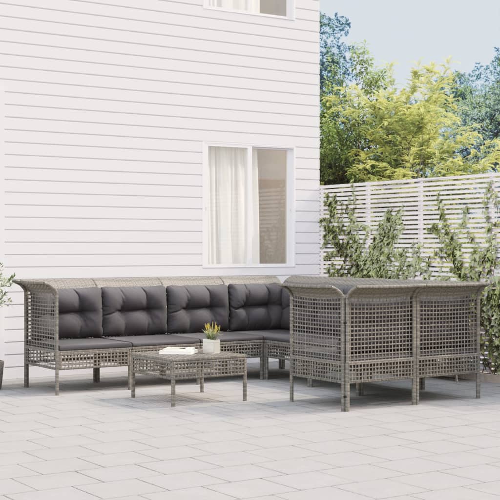 8-tlg. Garten-Lounge-Set mit Kissen Grau Poly Rattan