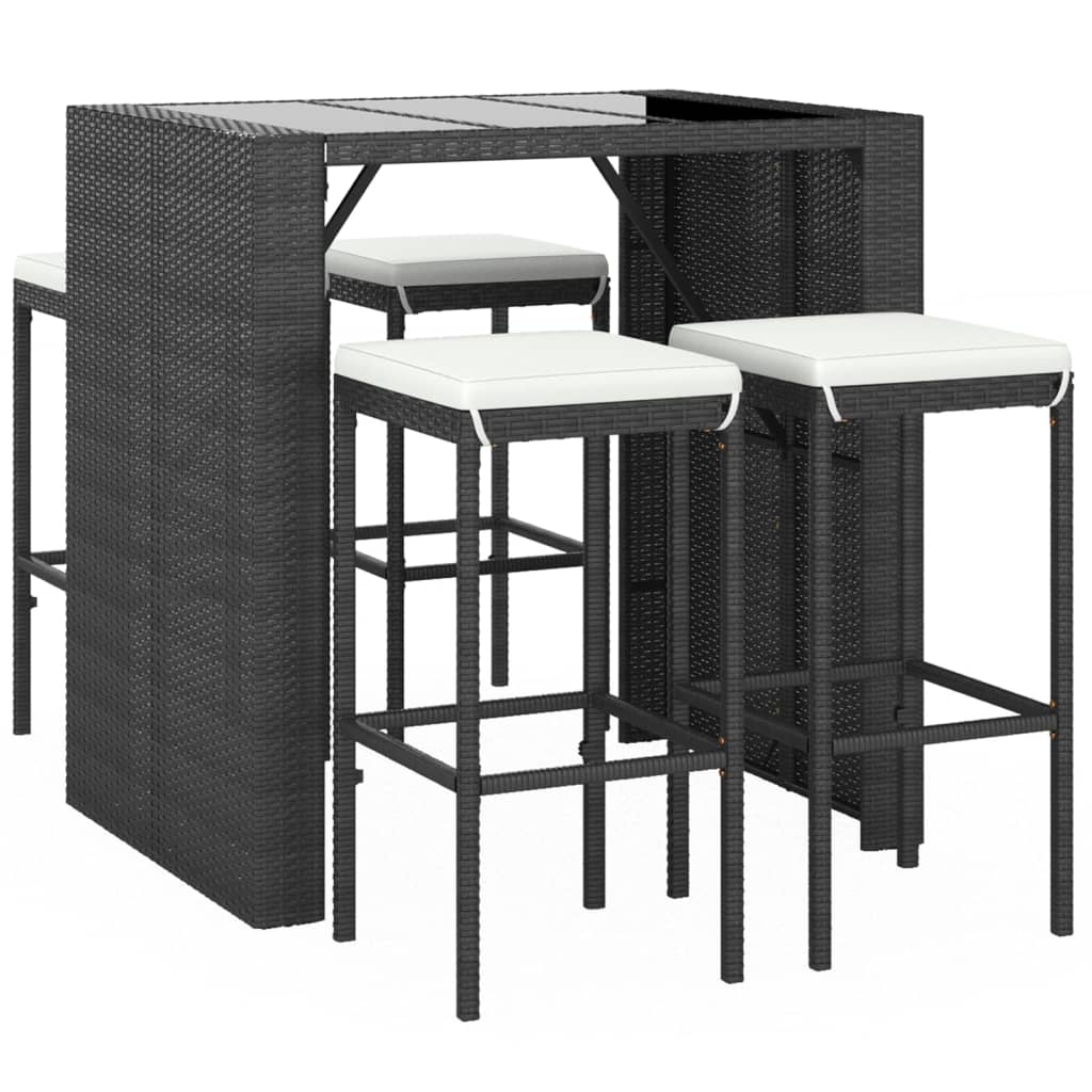 5-tlg. Gartenbar-Set mit Kissen Schwarz Poly Rattan