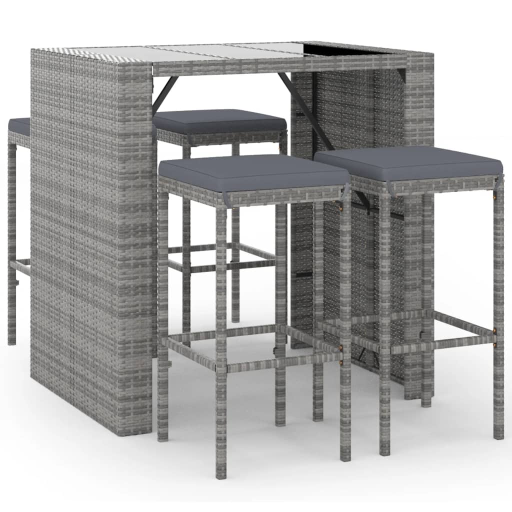 5-tlg. Gartenbar-Set mit Kissen Grau Poly Rattan