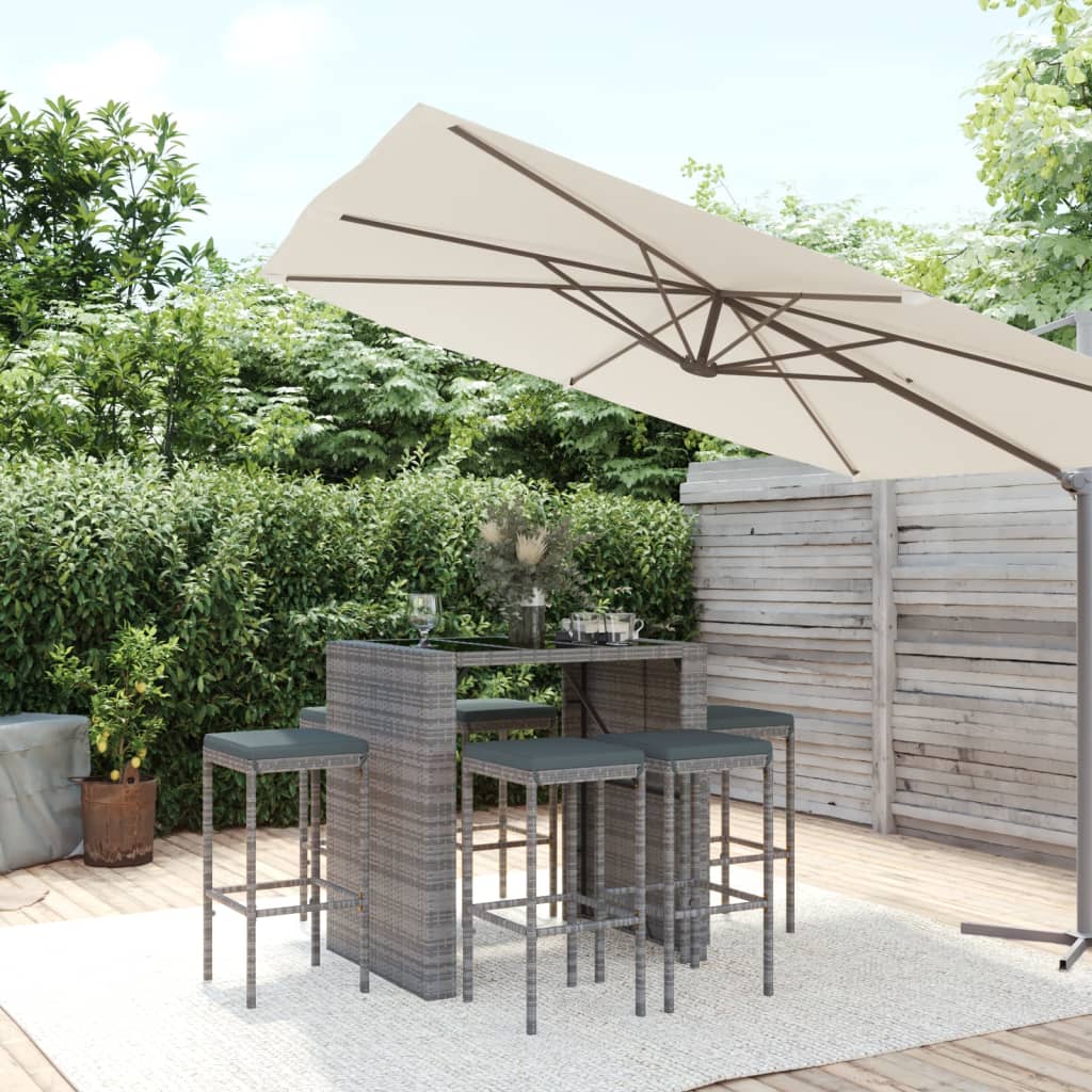 7-tlg. Gartenbar-Set mit Kissen Grau Poly Rattan