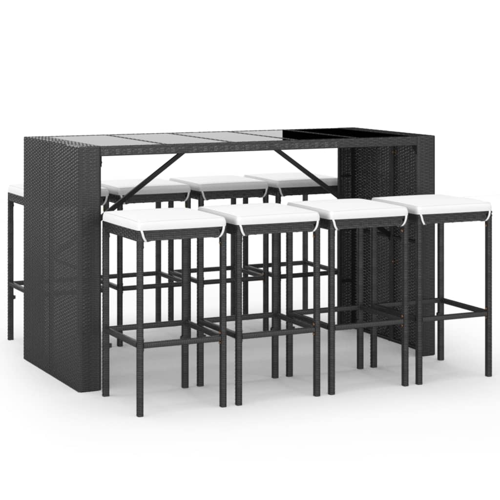 9-tlg. Gartenbar-Set mit Kissen Schwarz Poly Rattan