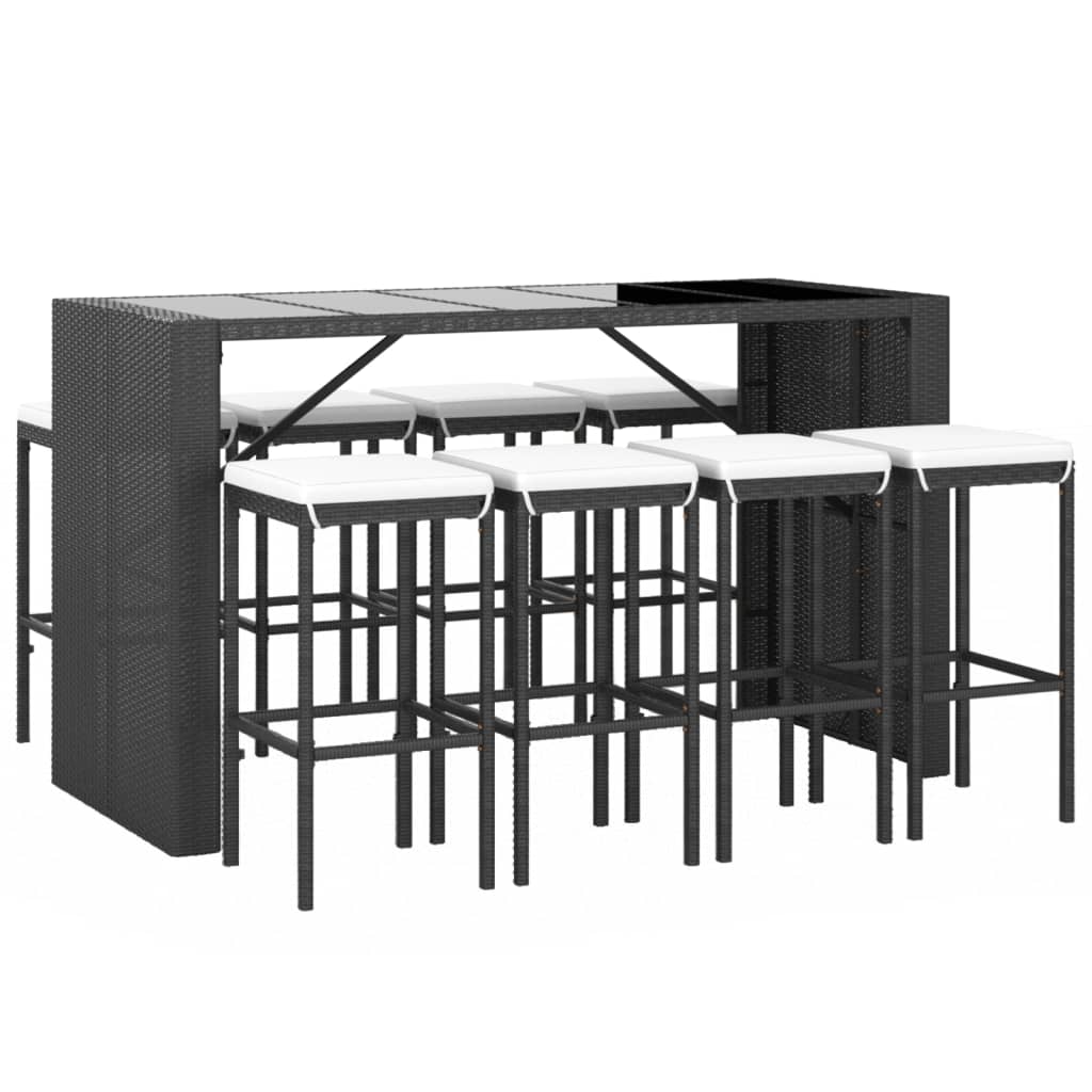 9-tlg. Gartenbar-Set mit Kissen Schwarz Poly Rattan