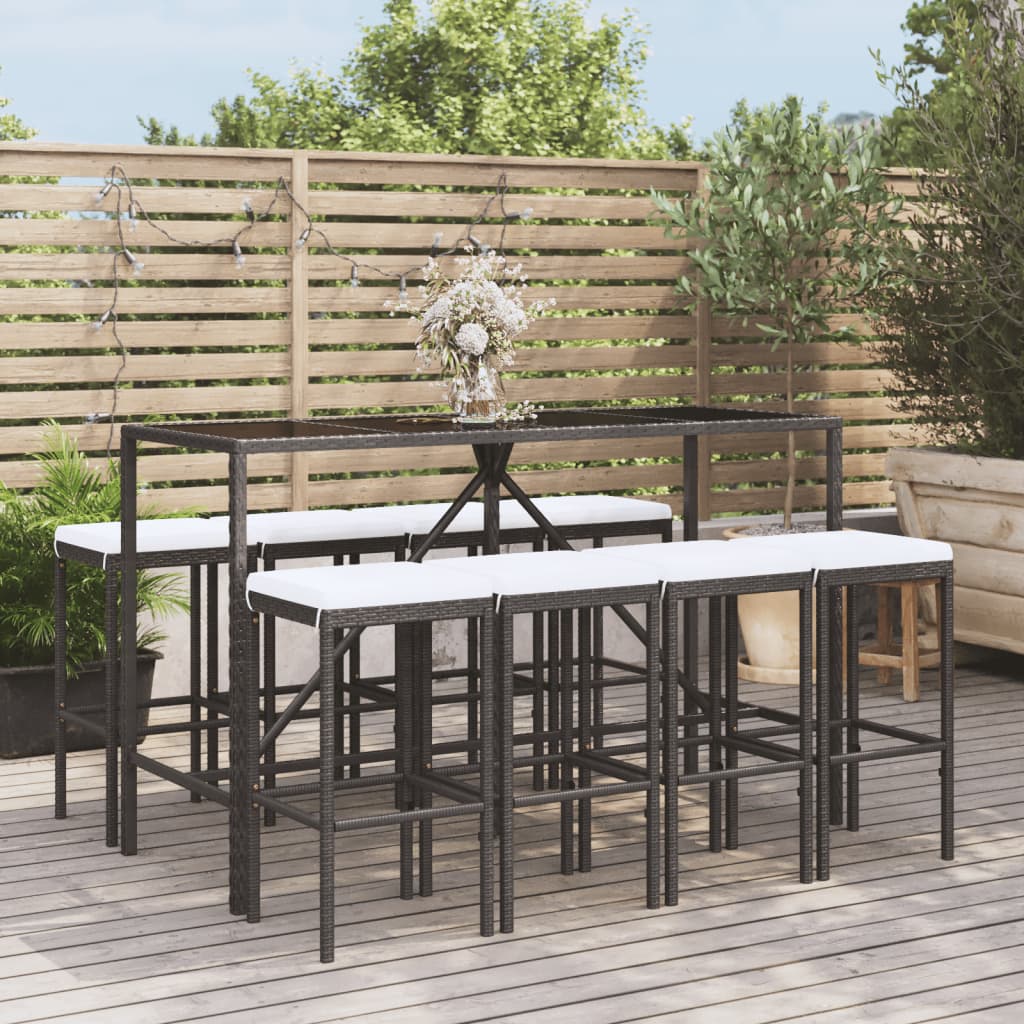 9-tlg. Gartenbar-Set mit Kissen Schwarz Poly Rattan