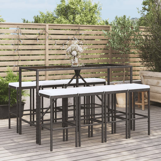 9-tlg. Gartenbar-Set mit Kissen Schwarz Poly Rattan