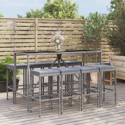 9-tlg. Gartenbar-Set mit Kissen Grau Poly Rattan