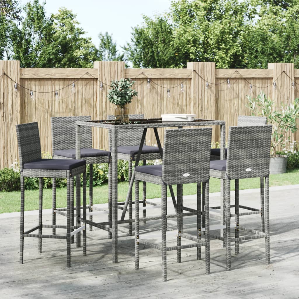 7-tlg. Gartenbar-Set mit Kissen Grau Poly Rattan