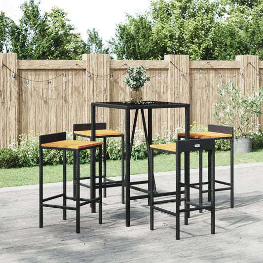 5-tlg. Gartenbar-Set Schwarz Poly Rattan & Massivholz Akazie