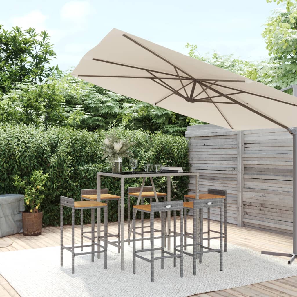 7-tlg. Gartenbar-Set Grau Poly Rattan & Massivholz Akazie