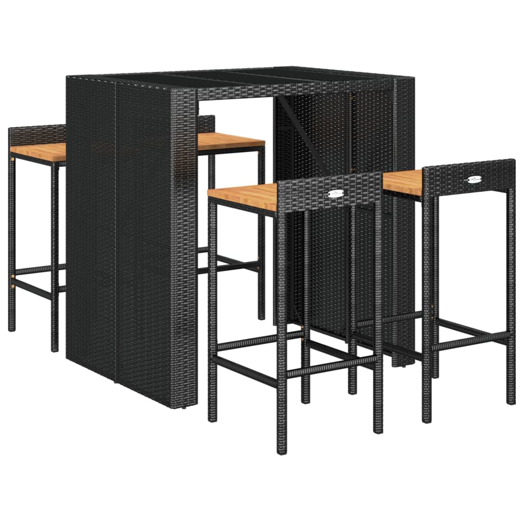 5-tlg. Gartenbar-Set Schwarz Poly Rattan & Massivholz Akazie