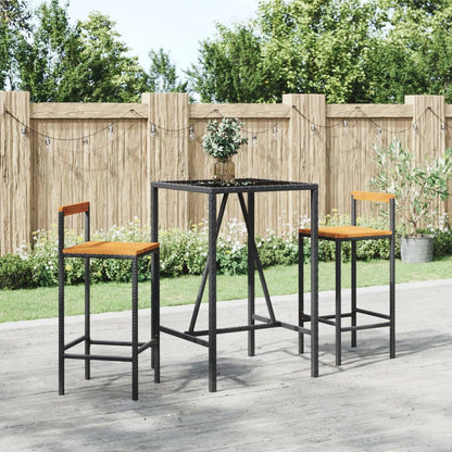 3-tlg. Gartenbar-Set Schwarz Poly Rattan & Massivholz Akazie