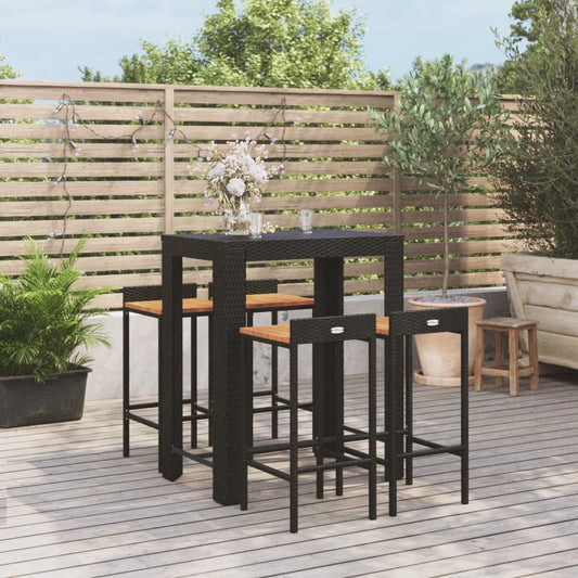 5-tlg. Gartenbar-Set Schwarz Poly Rattan & Massivholz Akazie