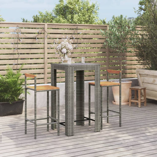 3-tlg. Gartenbar-Set Grau Poly Rattan & Massivholz Akazie