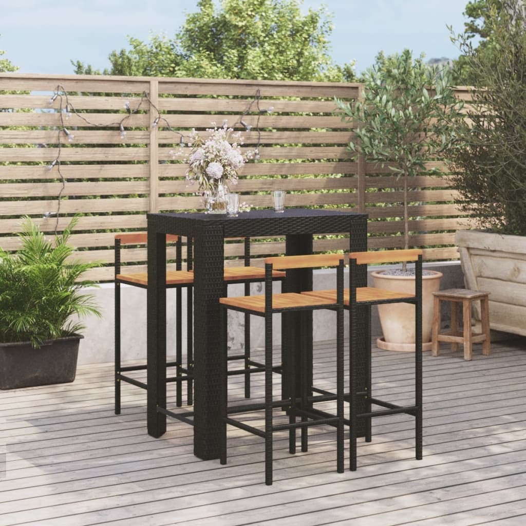 5-tlg. Gartenbar-Set Schwarz Poly Rattan & Massivholz Akazie