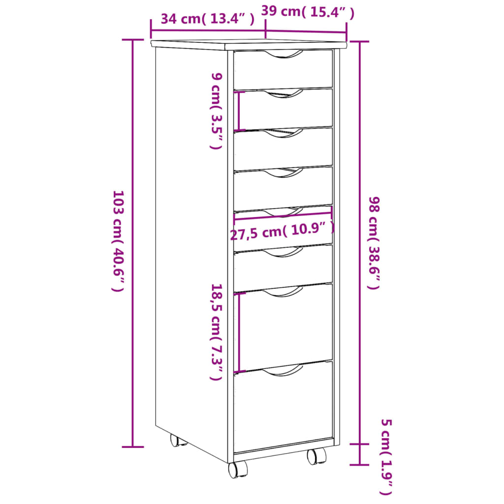 Rollschrank mit Schubladen MOSS Grau Massivholz Kiefer