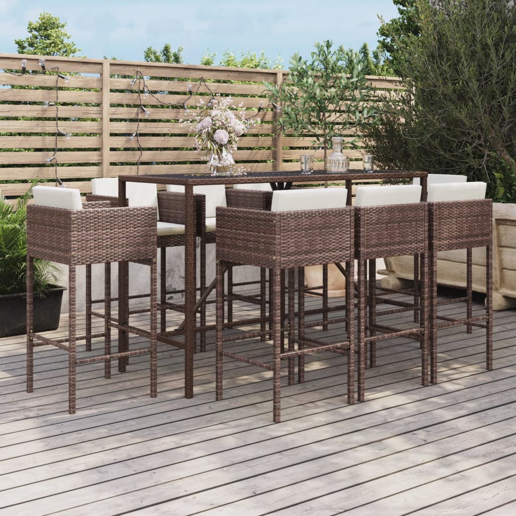 9-tlg. Gartenbar-Set mit Kissen Braun Poly Rattan