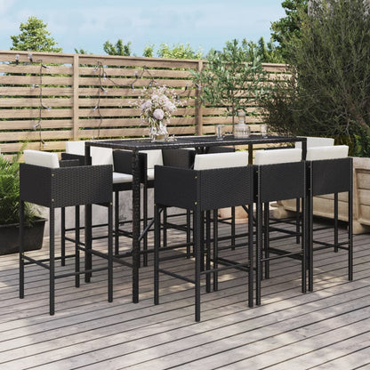 9-tlg. Gartenbar-Set mit Kissen Schwarz Poly Rattan