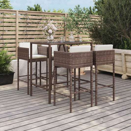 5-tlg. Gartenbar-Set mit Kissen Braun Poly Rattan