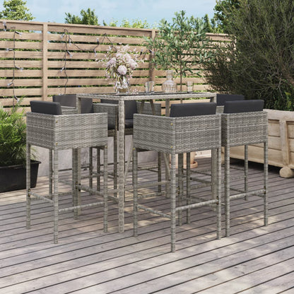 7-tlg. Gartenbar-Set mit Kissen Grau Poly Rattan