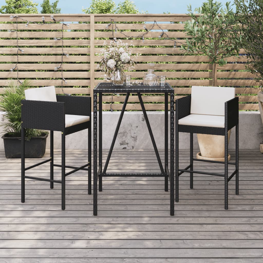 3-tlg. Gartenbar-Set mit Kissen Schwarz Poly Rattan