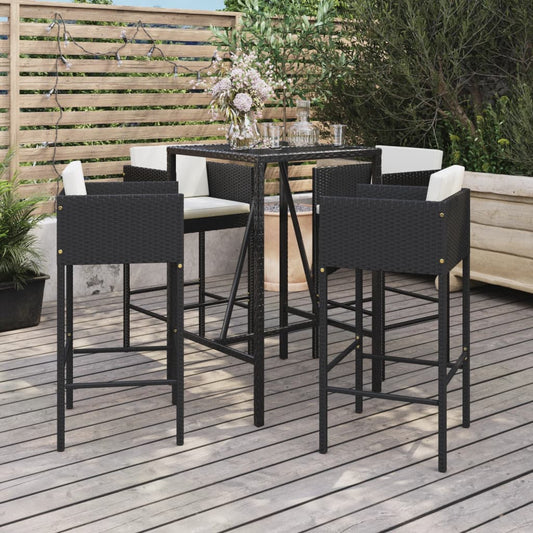 5-tlg. Gartenbar-Set mit Kissen Schwarz Poly Rattan