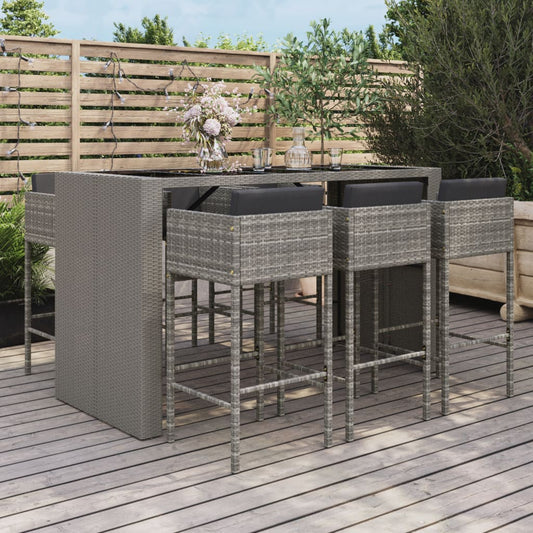 7-tlg. Gartenbar-Set mit Kissen Grau Poly Rattan