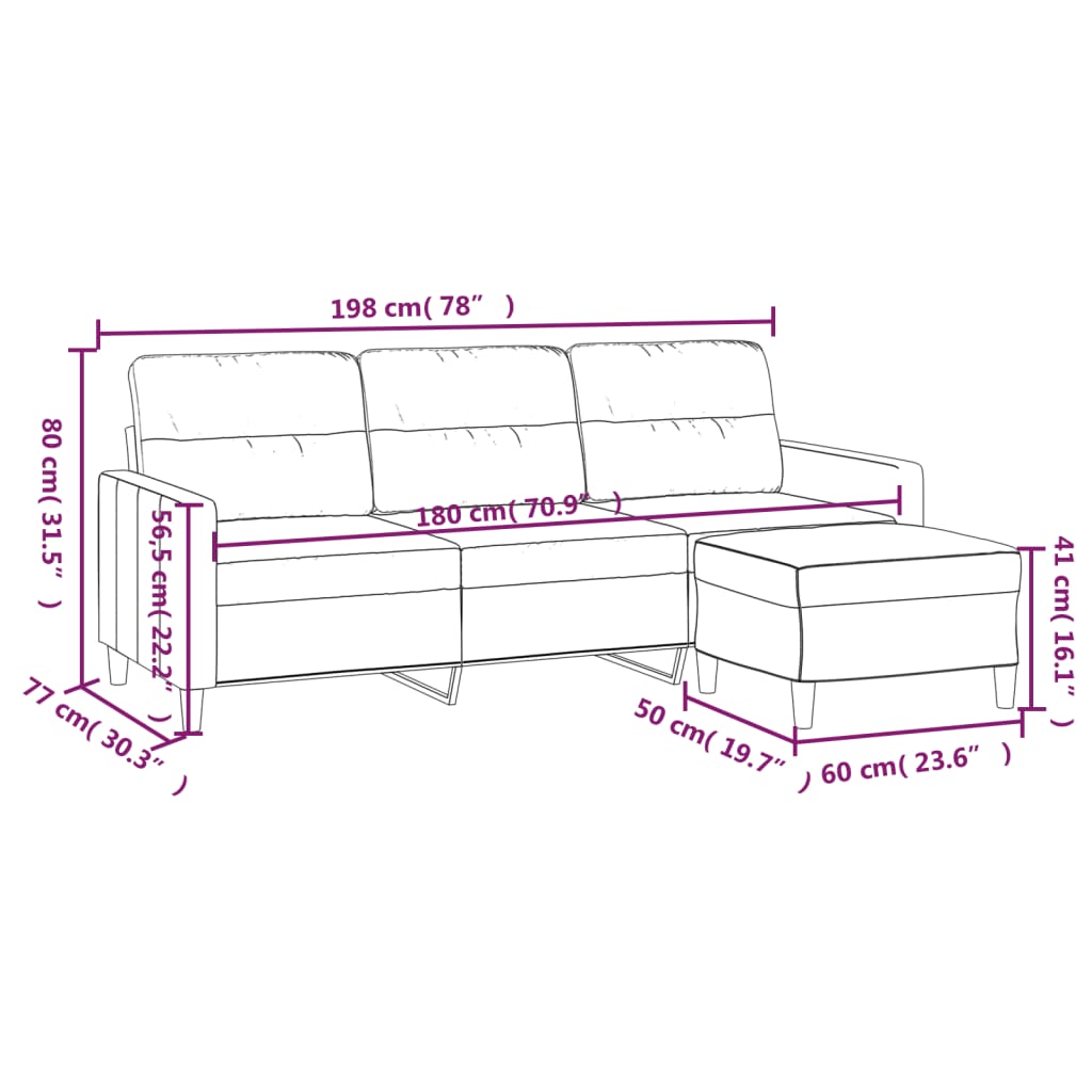 3-Sitzer-Sofa mit Hocker Hellgrau 180 cm Stoff