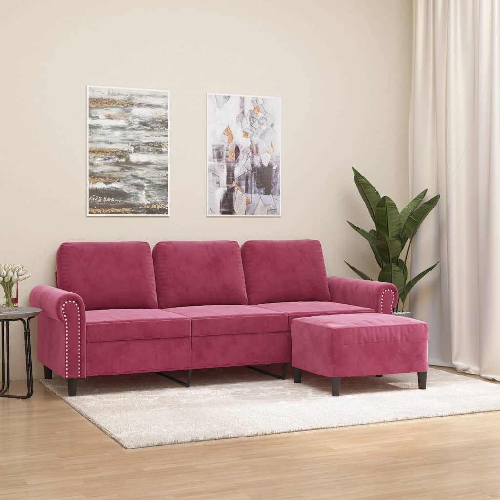 3-Sitzer-Sofa mit Hocker Weinrot 180 cm Samt