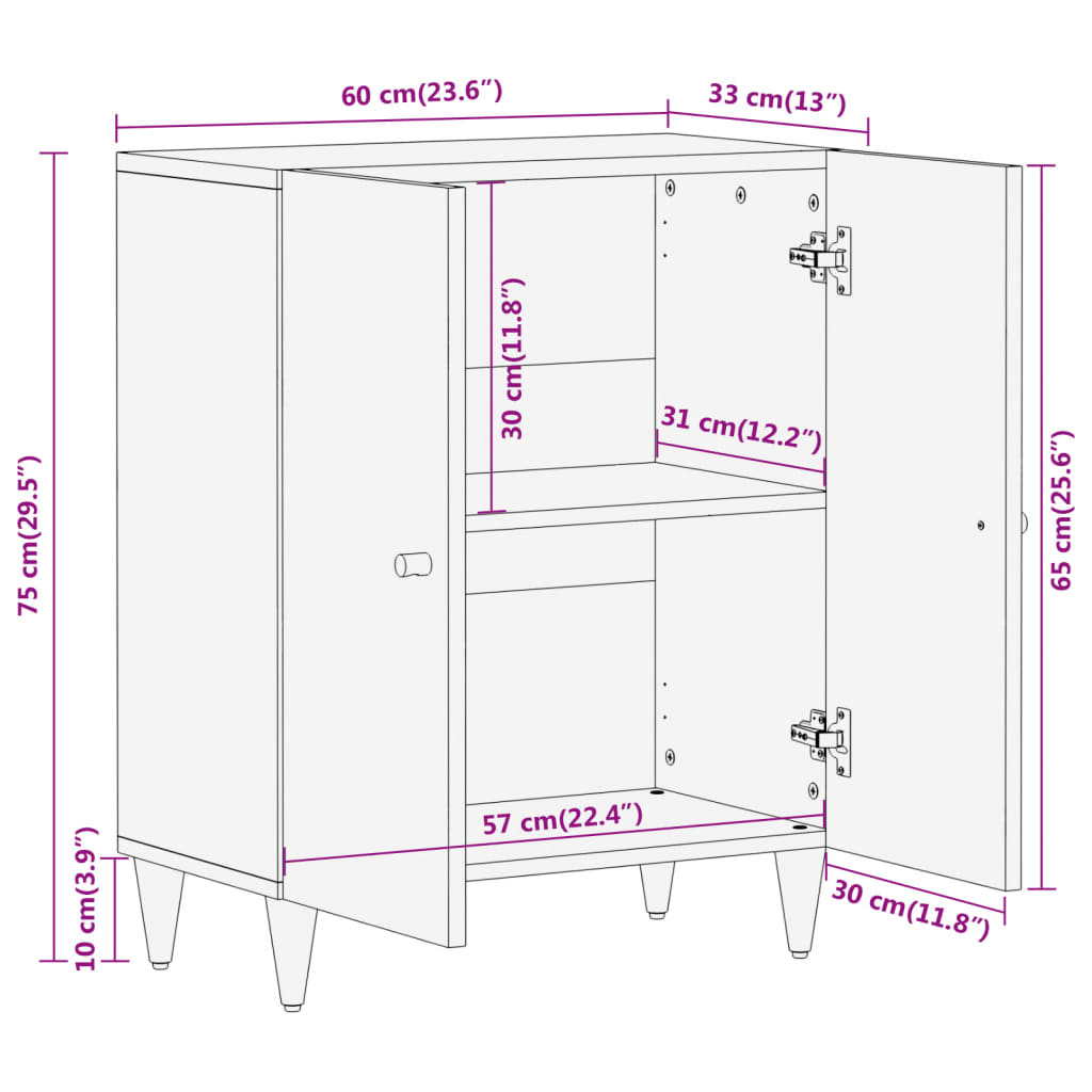 Beistellschrank 60x33x75 cm Massivholz Mango