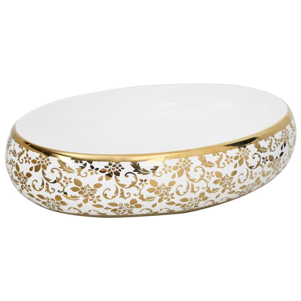 Countertop washbasin white and golden oval 59x40x15 cm ceramic