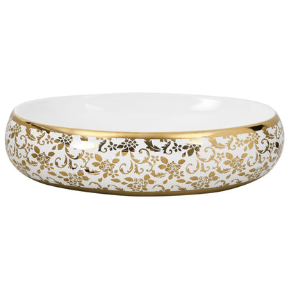 Countertop washbasin white and golden oval 59x40x15 cm ceramic