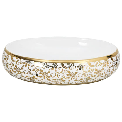 Countertop washbasin white and golden oval 59x40x15 cm ceramic