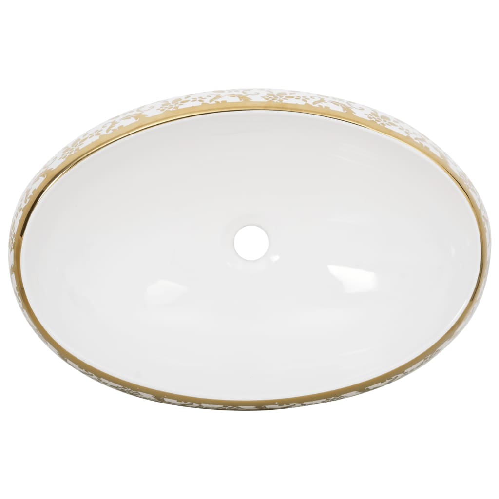 Countertop washbasin white and golden oval 59x40x15 cm ceramic