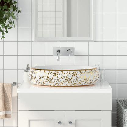 Countertop washbasin white and golden oval 59x40x15 cm ceramic