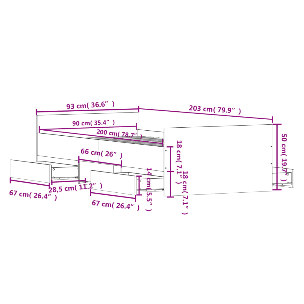 Bettgestell mit Kopf- und Fußteil Räuchereiche 90x200 cm