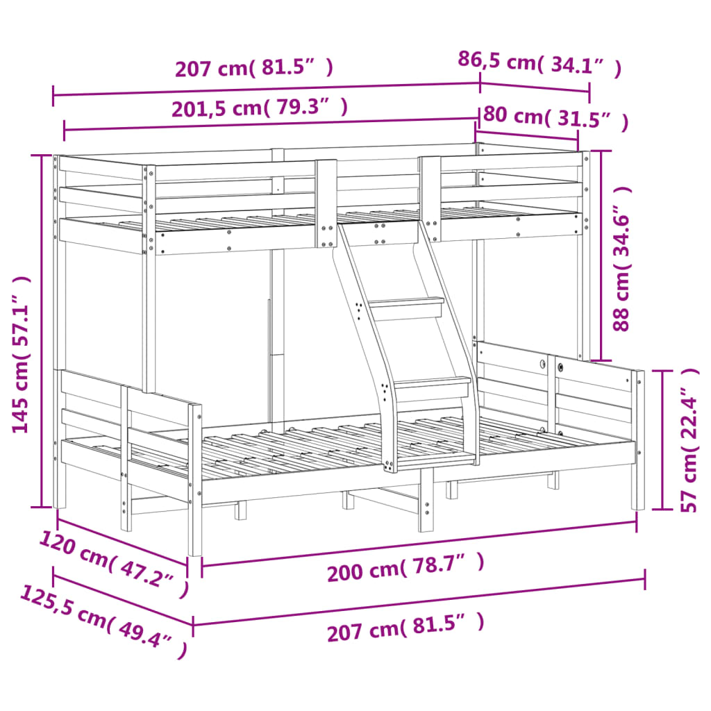 Etagenbett 80x200/120x200 cm Massivholz Kiefer