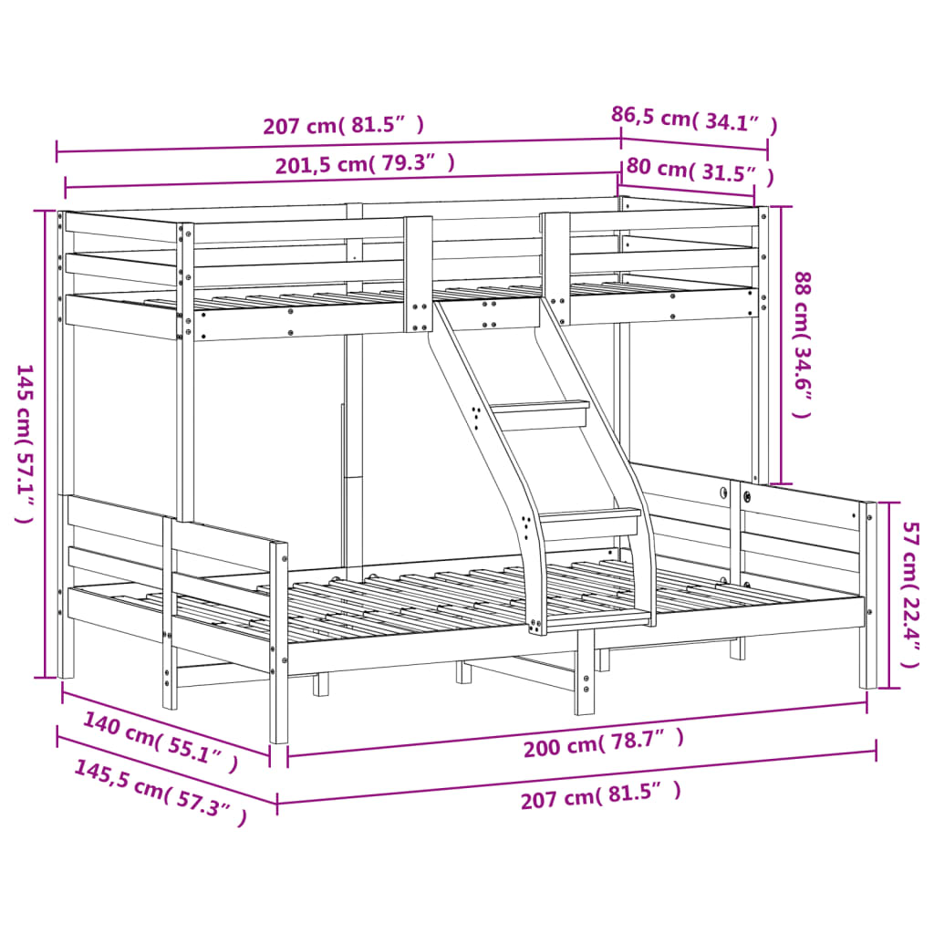 Etagenbett 80x200/140x200 cm Massivholz Kiefer