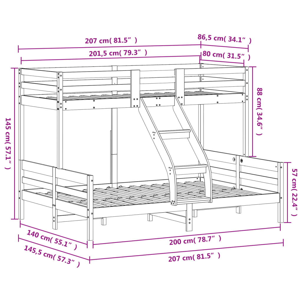 Etagenbett 80x200/140x200 cm Wachsbraun Massivholz Kiefer